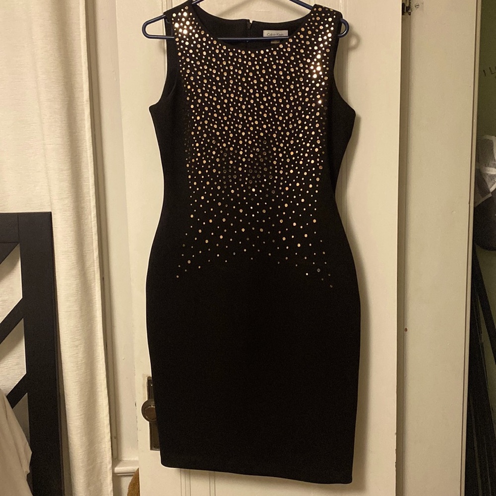 Calvin Klein cocktail dress with gold, reflective dot appliqué